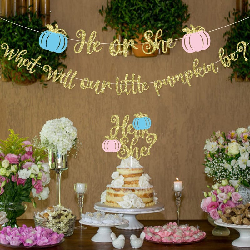 MZ.ogm Pumpkin Gender Reveal Decorations Fall Gender Reveal Decorations He or She What Will Our Little Pumpkin Be Banner He or She Cake Topper He or She Fall Baby Party Supplies - Image 3